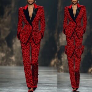 Red Leopard Print Women's Suit (Pantsuit - blazer and pants)